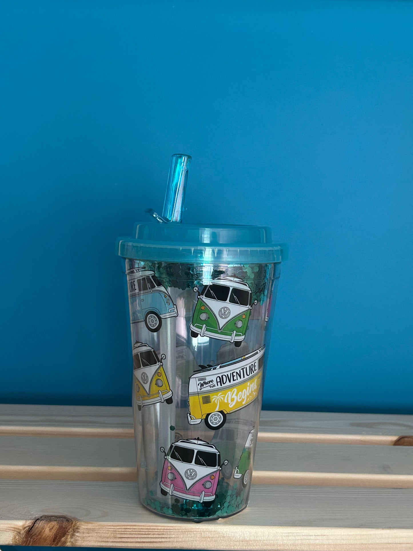 Verre PVC Double Paroi 500ml avec Paille & Couvercle Volkswagen - Van Bus Combi VW T1 Surf Adventure