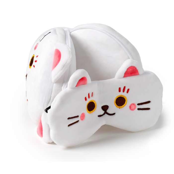 Coussin de Voyage Relaxeazzz Peluché 2-en-1 avec Masque Yeux Maneki Neko - Chat Porte-bonheur