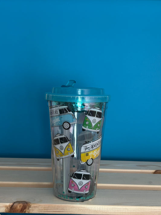 Verre PVC Double Paroi 500ml avec Paille & Couvercle Volkswagen - Van Bus Combi VW T1 Surf Adventure