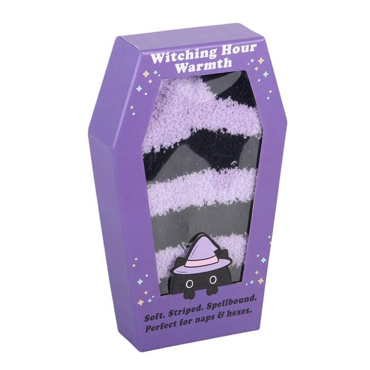 Chaussettes rayées violet pastel dans une boîte cadeau en forme de cercueil