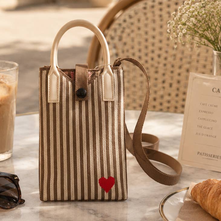 Pixie Bag Coeur Rayé Marron - Petit Sac téléphone portable